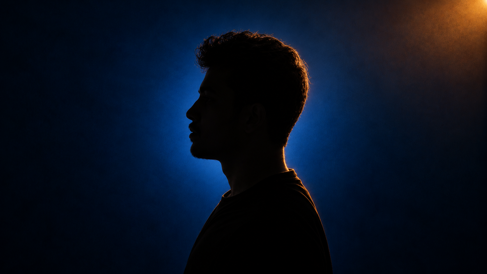 Lesly Francies D’Souza in a blue-and-amber side-profile silhouette